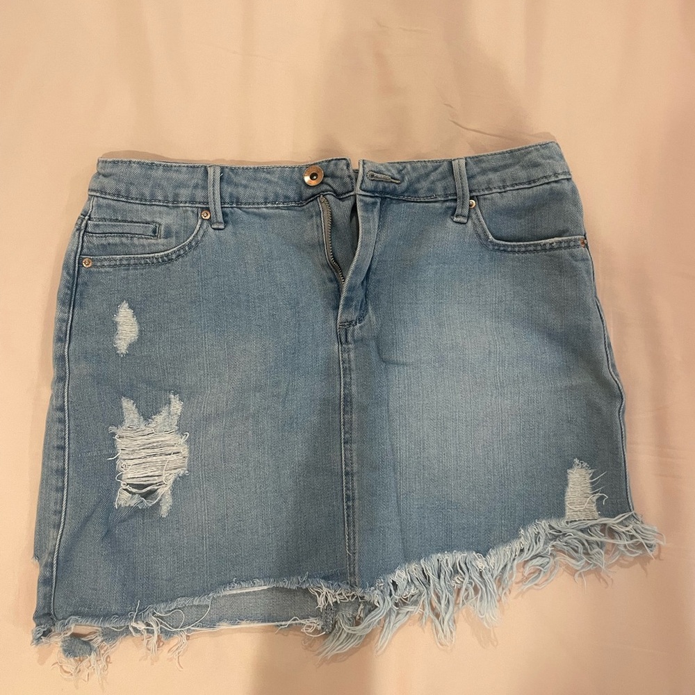 Tractr Light Blue Distressed Mini Skirt